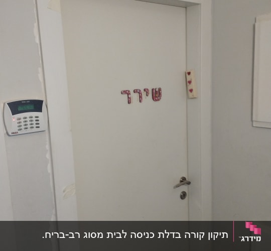 דלת לבנה עם ידית כסופה ושלט שם